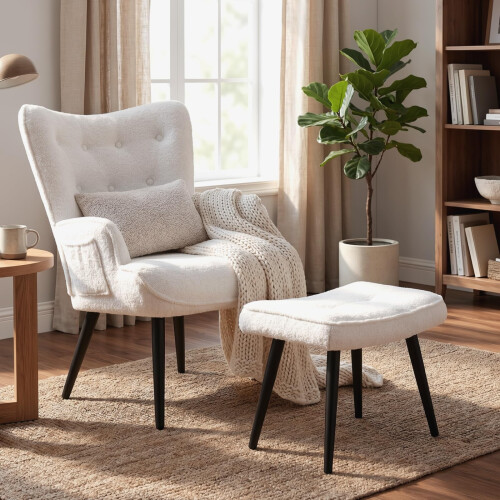 (White) Modern Armchair w/ Footstool, Comfy Fleece