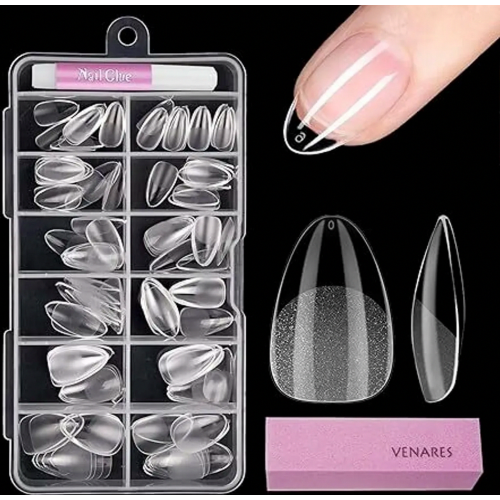 120 Pcs Short Almond False Nail Tips Set, Clear Gel Nail Tips with Glue and Nail Buffer, 11 Sizes