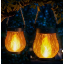 Outdoor Hanging Solar Lanterns, 2 Pack IP65 Waterproof Garden Lights with Realistic Flame Effect and Hemp Rope