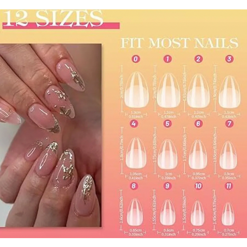 120 Pcs Short Almond False Nail Tips Set, Clear Gel Nail Tips with Glue and Nail Buffer, 11 Sizes 1