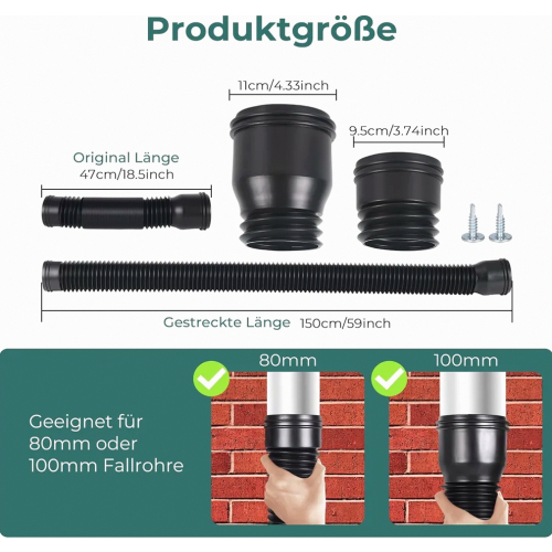 Flexible Downpipe Extension for 80 and 100 mm Rainwater Drain Pipe, Gutter Fall Pipe Connector, 1 Piece 1