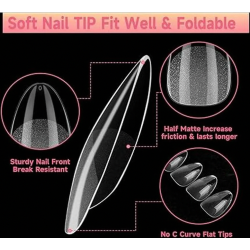120 Pcs Short Almond False Nail Tips Set, Clear Gel Nail Tips with Glue and Nail Buffer, 11 Sizes 2