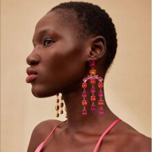 (Red, Gold plated) Colorful Rhinestone Tassel Earrings for Women - Elegant Stud Earrings, Luxurious Versatile Jewelry Set