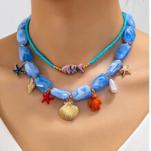 (X1-3-12) Ocean Vacation Beaded Necklace Starfish Shell Pendant Boho Beach Jewelry for Women