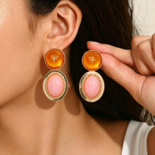 (EH5921-4) Vintage Gemstone Hoop Earrings, Niche Inlaid Stud Dangle Earrings, Versatile Jewelry for Women, Gold
