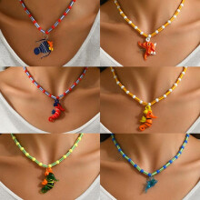 (Nl1171-yellow) Colorful Glass Fish Pendant Necklace Ocean Style Handmade Beaded Jewelry for Women