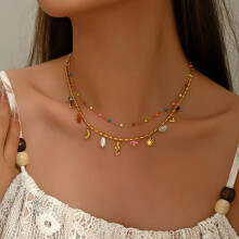 (gold) Geometric Ocean Style Necklace Heart Seahorse Multi-Layer Rhinestone Pendant Jewelry for Women