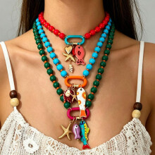 (blue) Ocean Style Necklace Colorful Beaded Starfish Clavicle Chain Geometric Dopamine Pendant Jewelry for Women