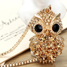 (Gold) Rhinestone Owl Sweater Chain Long Necklace for Women Vintage Animal Pendant Jewelry