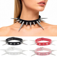 (Rose red) Eco-Friendly PU Leather Punk Gothic Choker Necklace with Long Short Spikes Studs Edgy Collar