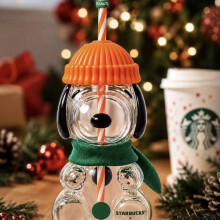 (Orange, 501-600ml) Cute Snoopy Glass Straw Cup High Borosilicate Heat Resistant 350ml