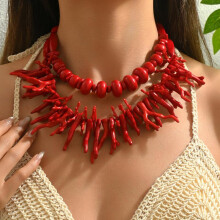 (red) Women's Multi-Layer Coral Necklace Fashion Long Clavicle Chain Geometric Jewelry Two-Piece Set Stylish Accessory
