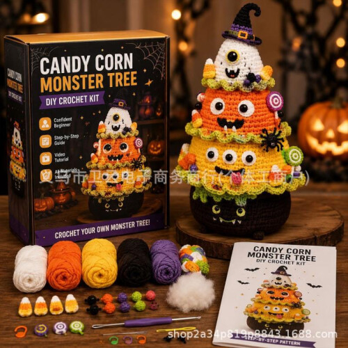 (Pumpkin) Halloween Tree DIY Crochet Kit for Beginners Complete Set with Yarn Hooks Stuffing Tutorial - Halloween Party Home Decor