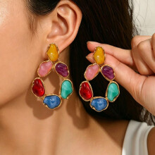 (blue) Baroque Pearl Earrings Colorful Gemstone Studs Unique Design Elegant Women Jewelry Vintage