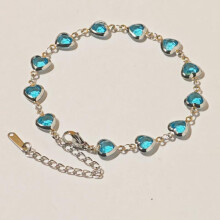 (blue, 18K) Stainless Steel Heart Bracelet with Rhinestones, Trendy Fashion Bangle for Women, Cuff Jewelry Accessory, Silver