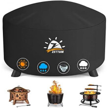 (Ø91 x 50cm) Zettum Fire Pit Cover 110cm, 600D Heavy Duty Waterproof Outdoor Fire Bowl Cover with PU Coating, Round Ø111x61cm, Black