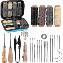Leather Sewing & Repair Kit with Large-Eye Needles, Waxed Thread for Furniture, Car Seats, Crafts