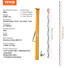 VEVOR Tige de mesure télescopique, 3m, Aluminium anodisé, Double face CM/MM, Topographie