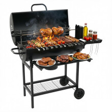 BBQ Charcoal Grill with Wheels, Rotisserie &Folding Side Shelves