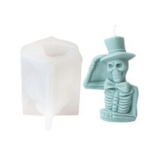 (Top Hat Skull Candle) Halloween Skull Candle Making Mold Home Decorative Silicone Candle Mold Featuring Haunted House and Skeleton Designs