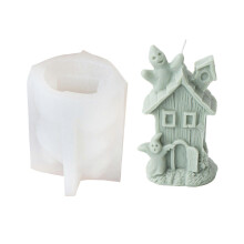 (Ghost House Candle M) Halloween Skull Candle Making Mold Home Decorative Silicone Candle Mold Featuring Haunted House and Skeleton Designs