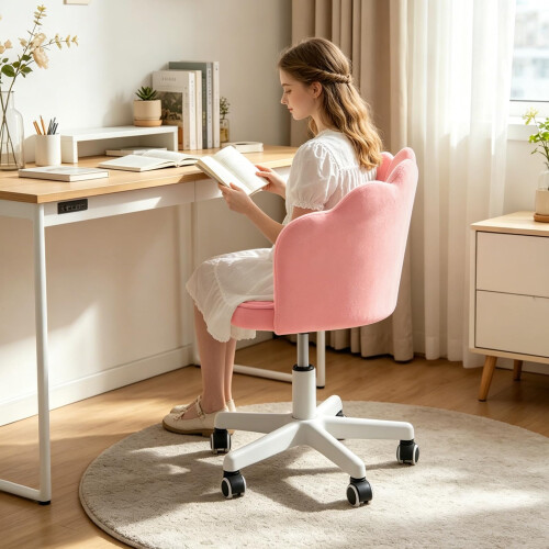 Swivel Vanity Chair with Wheels, Adjustable Height, Pink 1