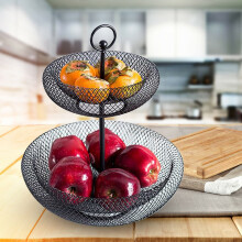 Gold/Black 2 Tier Iron Fruit Basket Storage Rack Vegetable Basket Multifunctional Snack Plate DIY Snack Display Stand (Black)