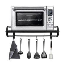 Wall-Mounted Microwave Rack, Oven Shelf Kitchen Storage Holder Stand Bracket Organiser with 6 Hooks (Carbon Steel)