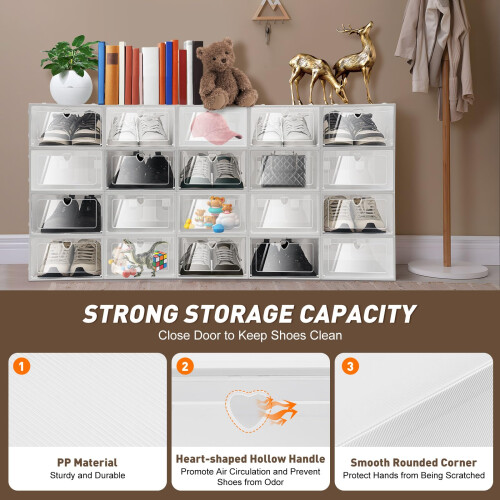 Shoe Box Storage, Shoe Storage Stackable Storage Boxes, Drawer Foldable Plastic Storage Box with Lid, Shoe Organizer Containers for Women/Men (white) 1