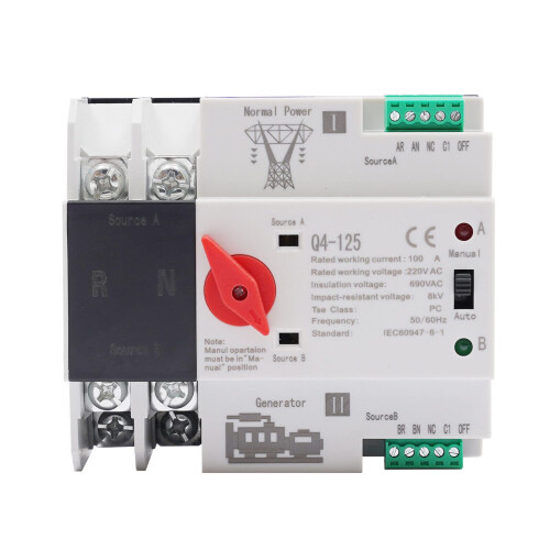 Dual Power Automatic Transfer Switch 2P/100A for Generator Changeover Switch Electrical Selector Switches Dual Power Switch 1