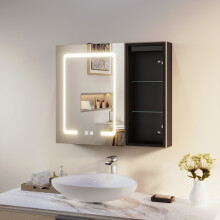 (Linen Black) ELEGANT Smart Anti-Fog Double-Door Mirror Cabinet with Ambient Light and Glass Shelves