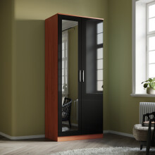 (Black/Red) ELEGANT 2 Door Mirrored Wardrobe 760x1800x470mm High Gloss 1 Shelf 1 Hanging Rail Chipboard & MDF Soft-Close Flat Pack