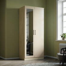 (Cream/Oak) ELEGANT 2 Door Mirrored Wardrobe 760x1800x470mm High Gloss 1 Shelf 1 Hanging Rail Chipboard & MDF Soft-Close Flat Pack