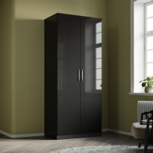 (Black) ELEGANT 2 Door Wardrobe 760x1800x470mm High Gloss 1 Shelf 1 Hanging Rail Chipboard & MDF Soft-Close Flat Pack