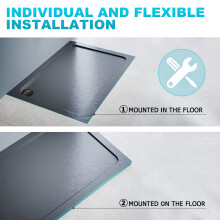 (1200x900mm) ELEGANT Grey Stone-Effect Composite Square Shower Tray with Anti-Slip Surface & Black Waste
