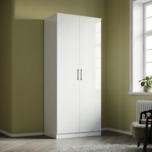 (White) ELEGANT 2 Door Wardrobe 760x1800x470mm High Gloss 1 Shelf 1 Hanging Rail Chipboard & MDF Soft-Close Flat Pack