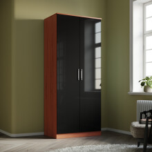 (Black/Red) ELEGANT 2 Door Wardrobe 760x1800x470mm High Gloss 1 Shelf 1 Hanging Rail Chipboard & MDF Soft-Close Flat Pack