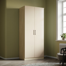 (Cream/Oak) ELEGANT 2 Door Wardrobe 760x1800x470mm High Gloss 1 Shelf 1 Hanging Rail Chipboard & MDF Soft-Close Flat Pack
