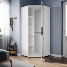 (White) ELEGANT Mirrored Corner Wardrobe 800x1860x800mm High Gloss 1 Door 5 Shelves 2 Hanging Rails Chipboard & MDF Soft-Close