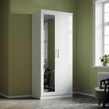 (White) ELEGANT 2 Door Mirrored Wardrobe 760x1800x470mm High Gloss 1 Shelf 1 Hanging Rail Chipboard & MDF Soft-Close Flat Pack