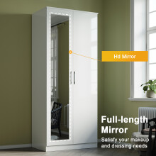 (White) ELEGANT 2 Door Mirrored Wardrobe 760x1800x470mm High Gloss 1 Shelf 1 Hanging Rail Chipboard & MDF Soft-Close Flat Pack