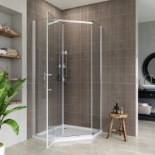 ELEGANT 900 x 900mm Pentagonal Shower Enclosure with Stone Tray & Free Waste, Semi-Frameless Shower Cubicle with Pivot Hinged Door