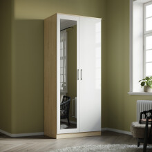 (White/Oak) ELEGANT 2 Door Mirrored Wardrobe 760x1800x470mm High Gloss 1 Shelf 1 Hanging Rail Chipboard & MDF Soft-Close Flat Pack