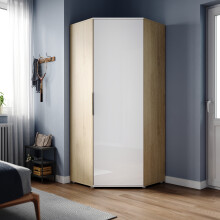(White/Oak) ELEGANT Corner Wardrobe 800x1860x800mm High Gloss 1 Door 5 Shelves 2 Hanging Rails Chipboard & MDF Soft-Close Flat Pack