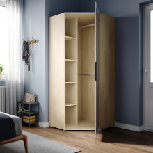 (White/Oak) ELEGANT Mirrored Corner Wardrobe 800x1860x800mm High Gloss 1 Door 5 Shelves 2 Hanging Rails Chipboard & MDF Soft-Close
