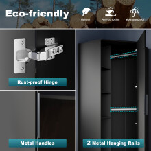 (Black) ELEGANT Mirrored Corner Wardrobe 800x1860x800mm High Gloss 1 Door 5 Shelves 2 Hanging Rails Chipboard & MDF Soft-Close