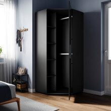 (Black) ELEGANT Corner Wardrobe 800x1860x800mm High Gloss 1 Door 5 Shelves 2 Hanging Rails Chipboard & MDF Soft-Close Flat Pack