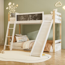 Roomfitters 90x190cm Bunk Bed Frame Slide Storage Ladder Chalkboard Guard Rails Single Slatted Sleeper Guest Bedroom Furniture, White Natural