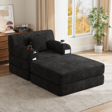 (Black) Roomfitters 107cm Sleeper Chair with Ottoman Corduroy Folding Sofa Bed High Back 2 Cup Holders 4 Pockets Metal Frame Furniture