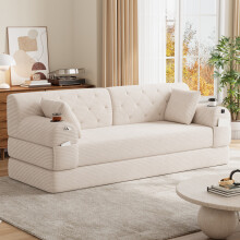 (Beige) Roomfitters 208cm 3 Seater Sofa Bed Corduroy Folding Sleeper Couch High Back 2 Cup Holders 4 Pockets Metal Frame Living Furniture